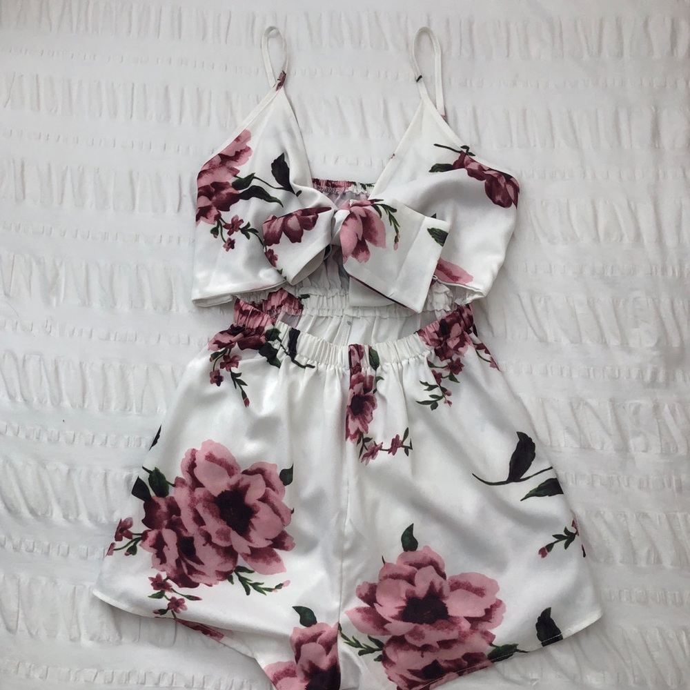 White Floral Tie Front Romper